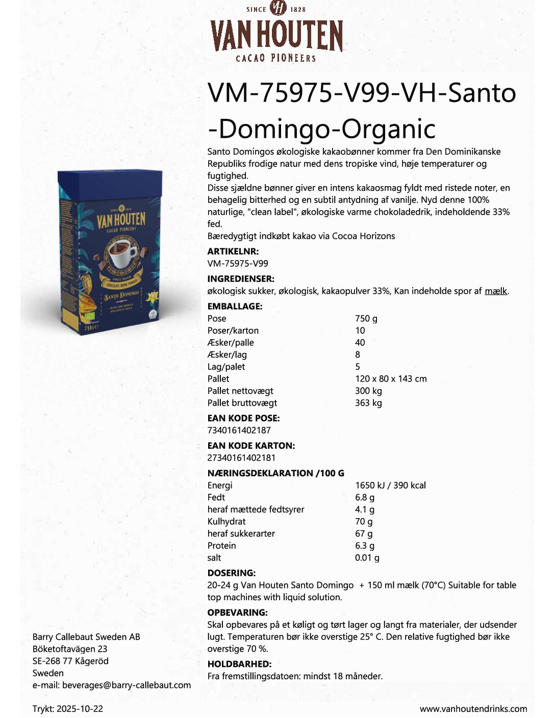 Kakaopulver santo Domingo | Van Houten 33% single origin økologisk | 10x750g - Billede 2